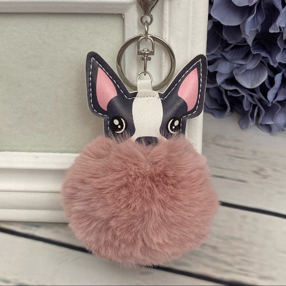 Cute Dog on Dusty Pink Pom Pom Keychain - Picture 4 of 11